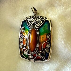 Gorgeous Estate Clear Rhinestone Multicolor Enamel Vintage Pendant Rectangular